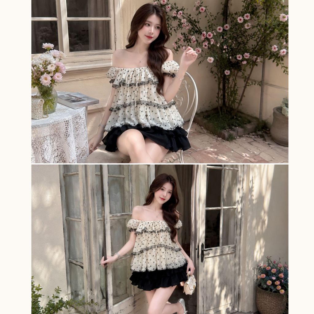 Set áo babydoll bèo tùng nữ tính phối chân váy bồng xoè tiểu thư xinh xắn