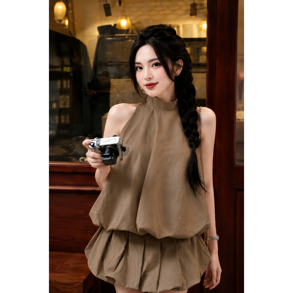 Set váy cổ yếm bèo tầng phối chân váy bí tiểu thư, váy đi chơi siêu xinh tôn dáng