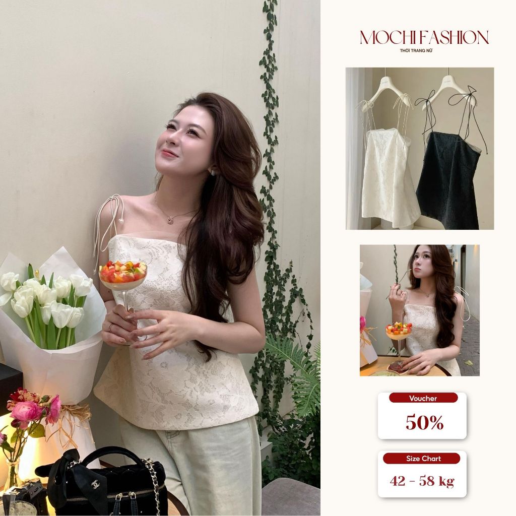 Áo 2 dây hoạ tiết ren nổi buộc nơ vai hai lớp tiểu thư, áo nữ nàng thơ mặc đi chơi dạo phố