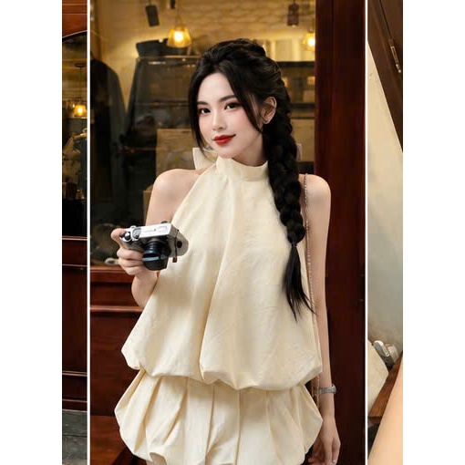 Set váy cổ yếm bèo tầng phối chân váy bí tiểu thư, váy đi chơi siêu xinh tôn dáng