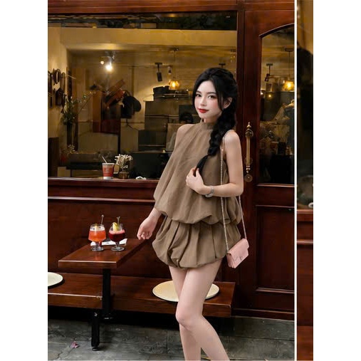 Set váy cổ yếm bèo tầng phối chân váy bí tiểu thư, váy đi chơi siêu xinh tôn dáng
