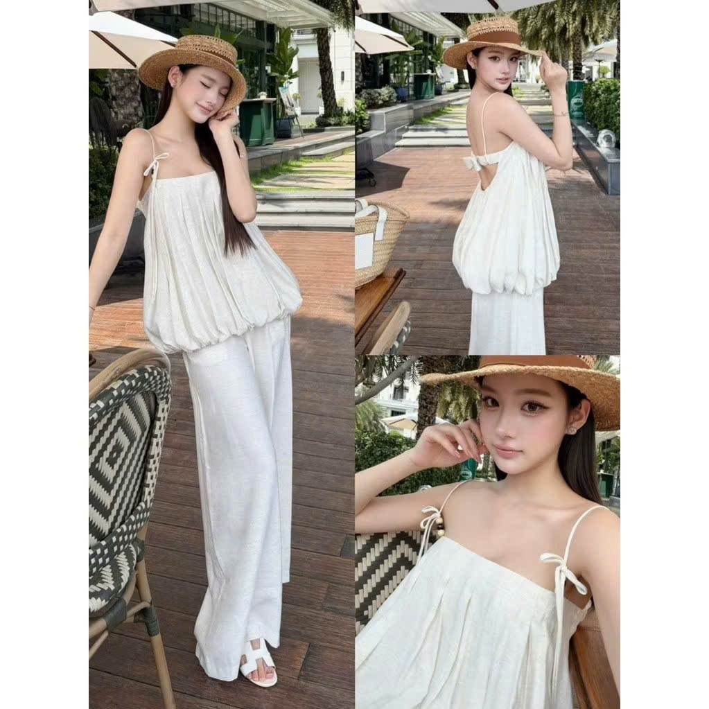 Set bộ nữ áo 2 dâi phối quần suông dài chất Linen cao cấp, bộ nữ mùa hè nàng thơ xinh xắn