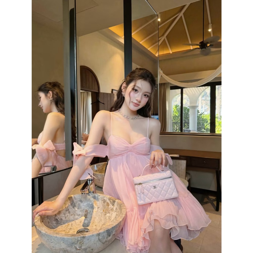 Váy babydoll 2 dây nơ ngực, đầm hai dây dáng babydoll hở lưng xòe bồng công chúa Hum Fashion