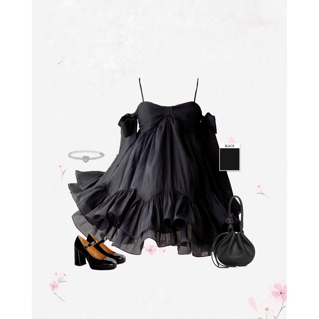 Váy babydoll 2 dây nơ ngực, đầm hai dây dáng babydoll hở lưng xòe bồng công chúa Hum Fashion