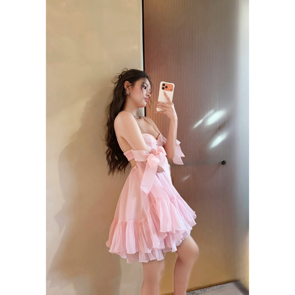 Váy babydoll 2 dây nơ ngực, đầm hai dây dáng babydoll hở lưng xòe bồng công chúa Hum Fashion