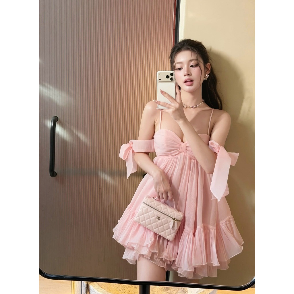 Váy babydoll 2 dây nơ ngực, đầm hai dây dáng babydoll hở lưng xòe bồng công chúa Hum Fashion