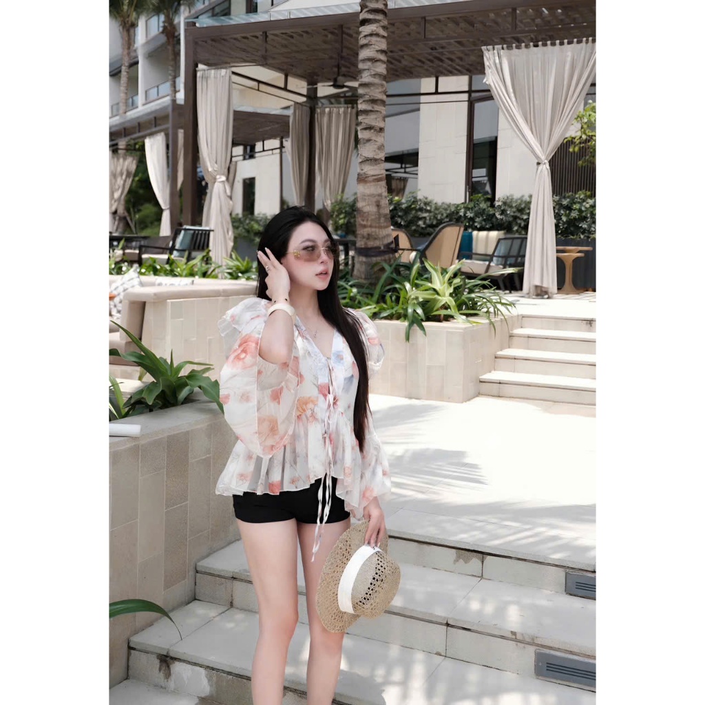 Áo babydoll hoạ tiết hoa bồng xoè tiểu thư, áo kiểu nữ sang chảnh xinh xắn