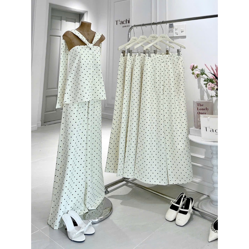 Set áo chéo cổ kèm quần dài, set áo chấm bi chéo cổ phối quần suông cạp cao Hum Fashion