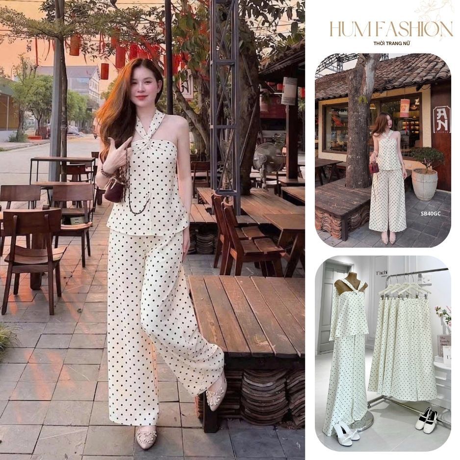 Set áo chéo cổ kèm quần dài, set áo chấm bi chéo cổ phối quần suông cạp cao Hum Fashion