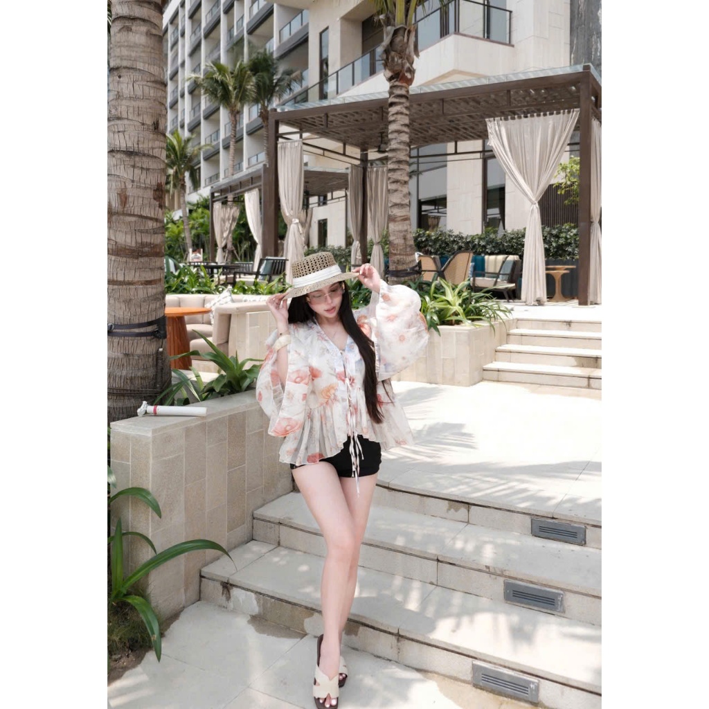 Áo babydoll hoạ tiết hoa bồng xoè tiểu thư, áo kiểu nữ sang chảnh xinh xắn