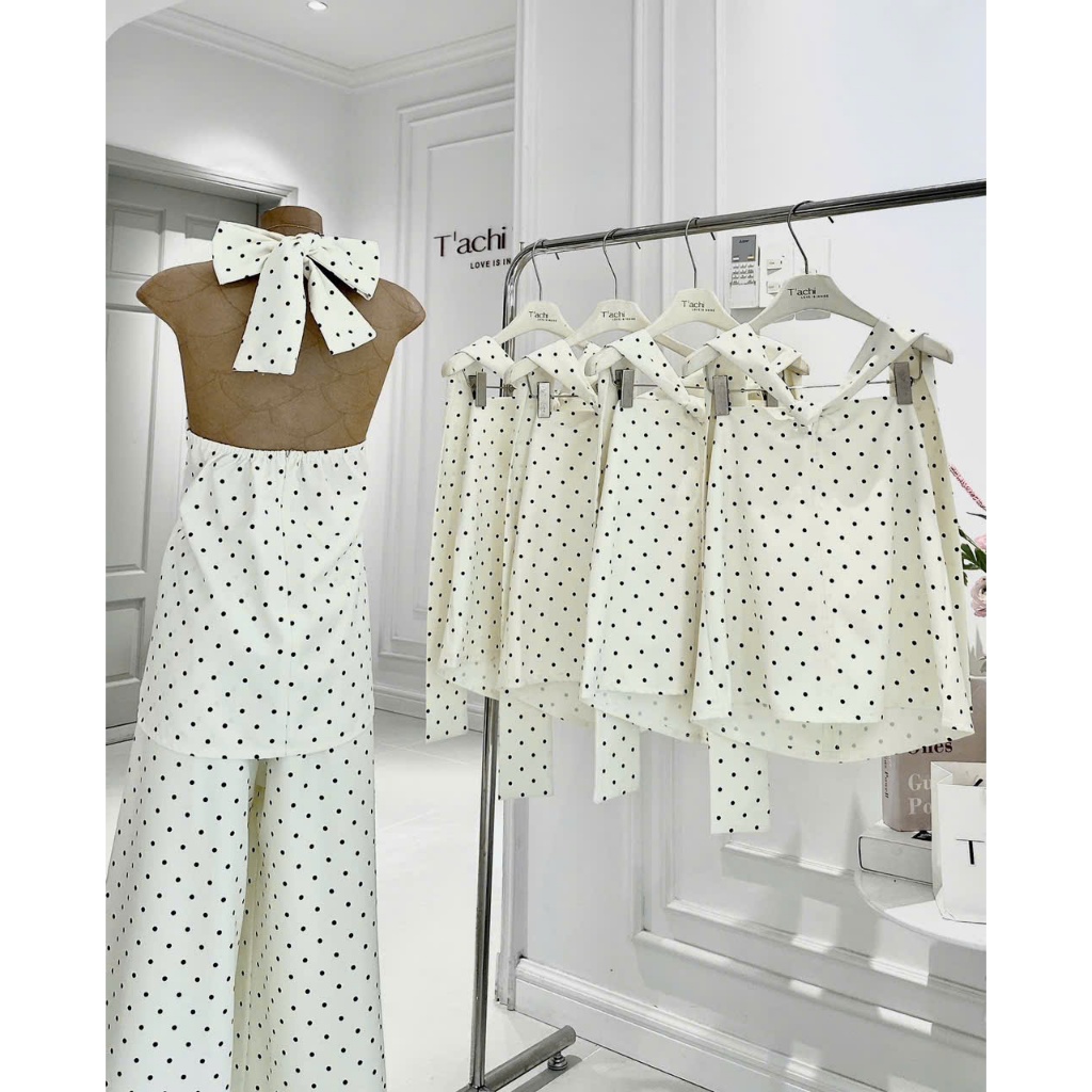 Set áo chéo cổ kèm quần dài, set áo chấm bi chéo cổ phối quần suông cạp cao Hum Fashion