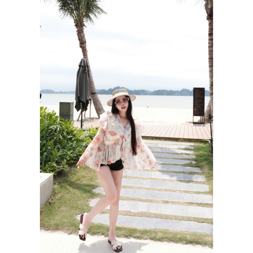 Áo babydoll hoạ tiết hoa bồng xoè tiểu thư, áo kiểu nữ sang chảnh xinh xắn
