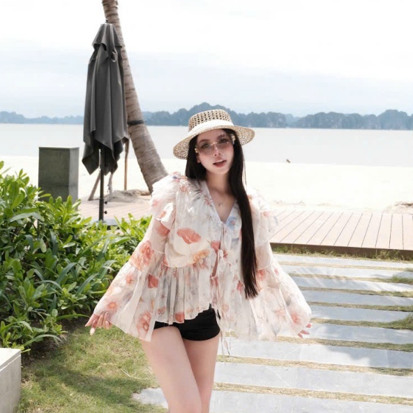 Áo voan bèo rộng cánh tiên tay loe, áo kiểu voan tơ nhún bèo tầng xòe rộng dáng tiểu thư Hum Fashion