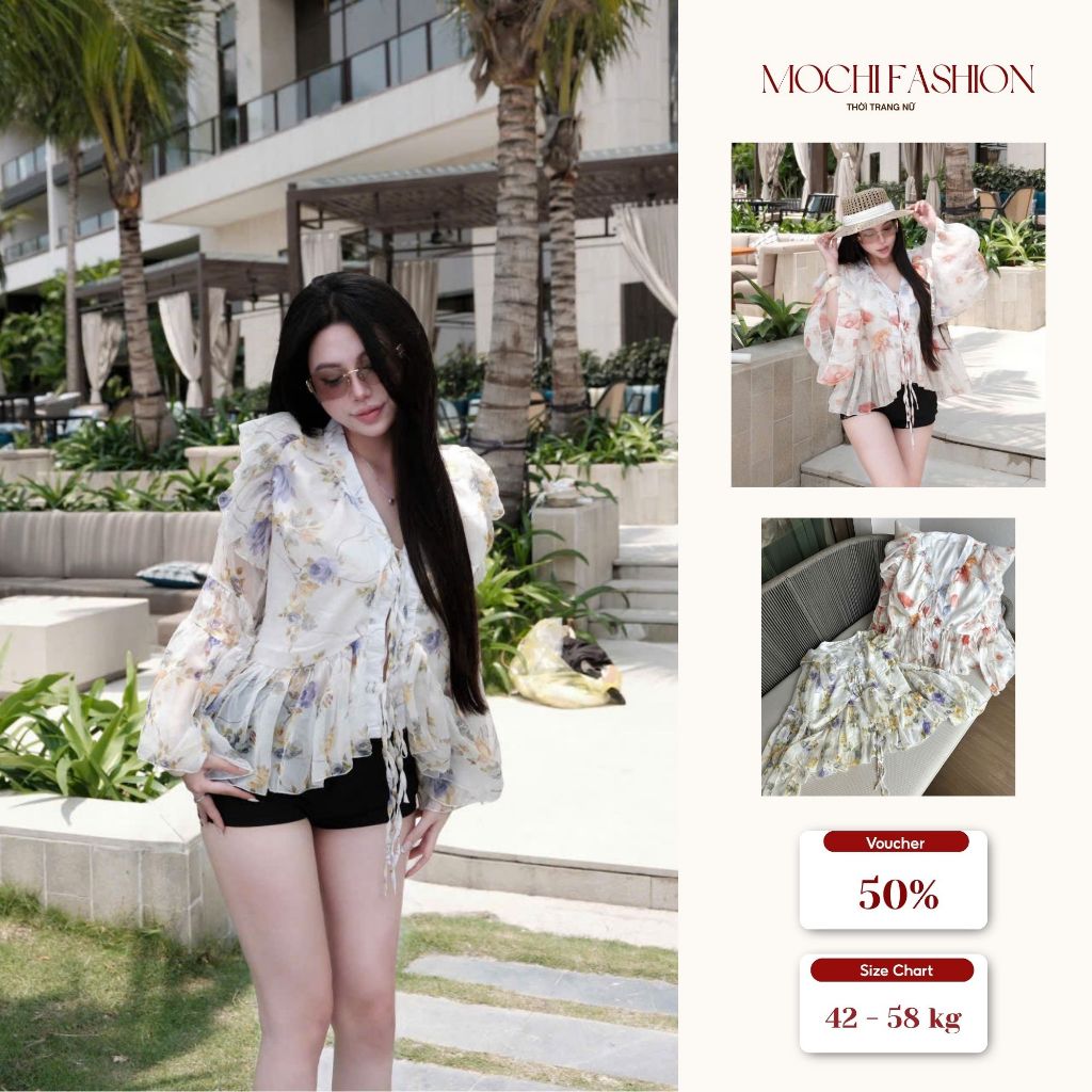 Áo babydoll hoạ tiết hoa bồng xoè tiểu thư, áo kiểu nữ sang chảnh xinh xắn