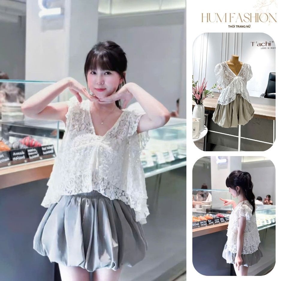 Set áo ren kèm chân váy bí, set ren có lót kèm chân váy ngắn tiểu thư đi chơi HUM FASHION
