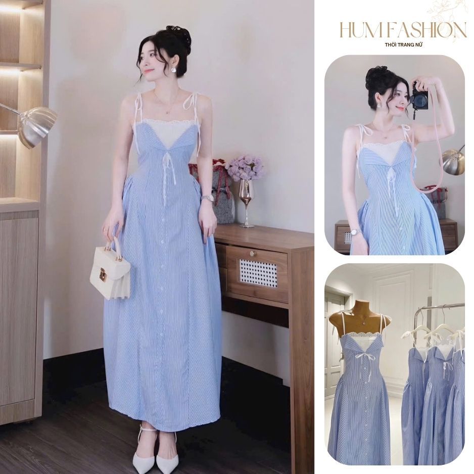 Váy 2 dây dáng dài kẻ, đầm maxi xanh phối ren ngực thắt nơ tiểu thư đi biển du lịch Hum Fashion