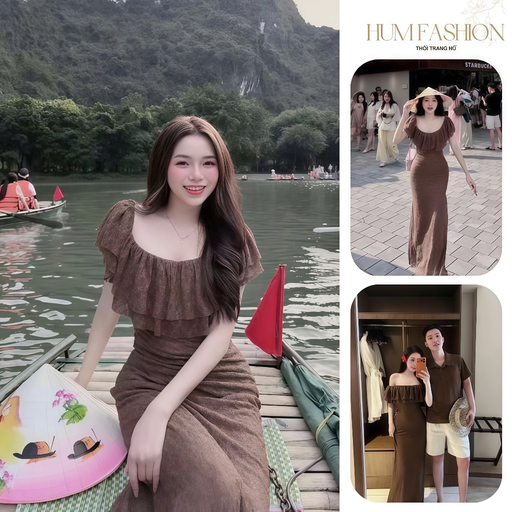 Váy ren nâu trễ vai dáng dài, váy trễ vai ôm body đi du lịch đi chơi Hum Fashion