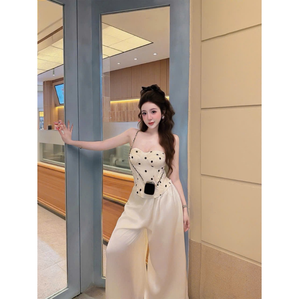 Set áo quây cúp ngực chấm bi kèm quần dài, set bộ áo ống corset chấm bi quần lụa suông sang chảnh Hum Fashion
