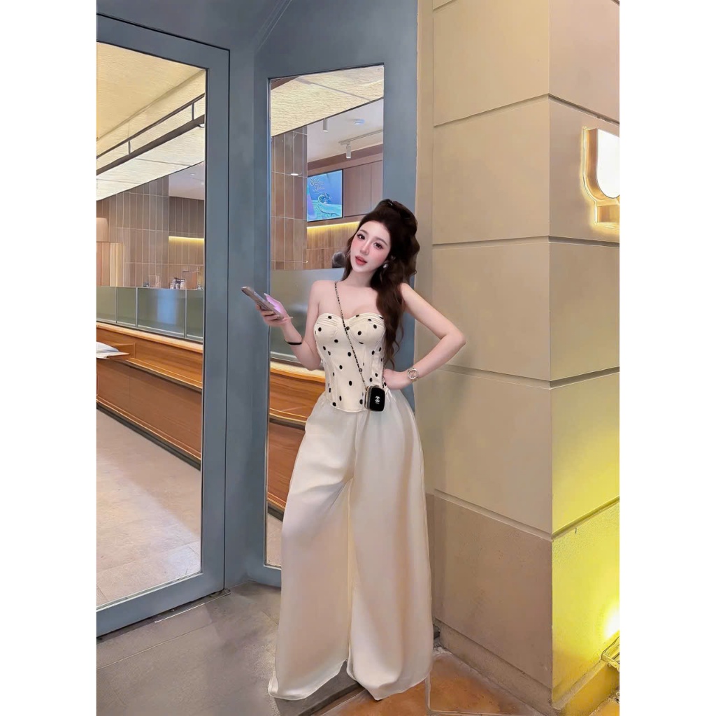 Set áo quây cúp ngực chấm bi kèm quần dài, set bộ áo ống corset chấm bi quần lụa suông sang chảnh Hum Fashion