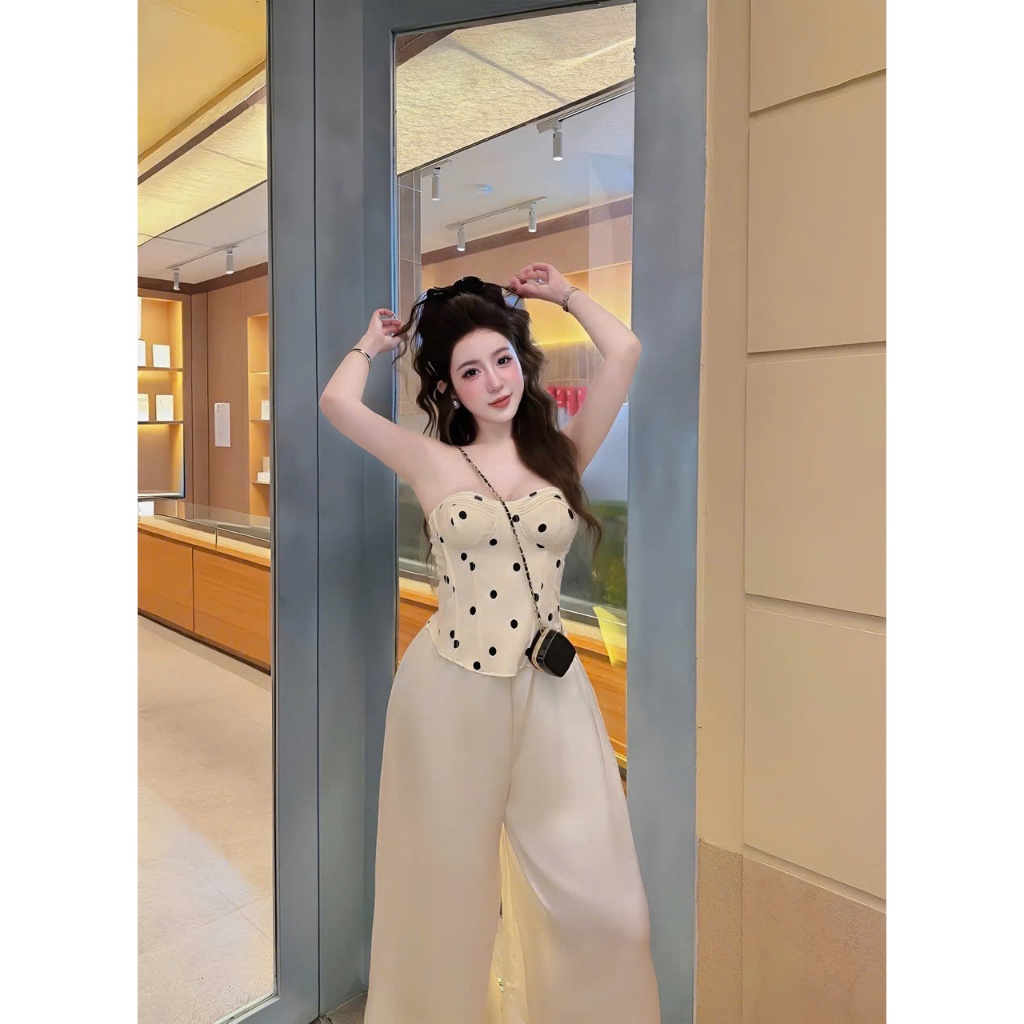 Set áo quây cúp ngực chấm bi kèm quần dài, set bộ áo ống corset chấm bi quần lụa suông sang chảnh Hum Fashion