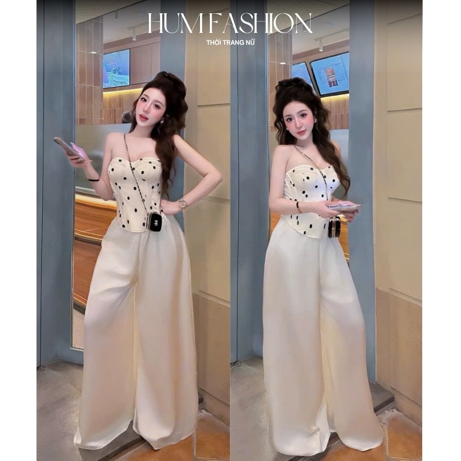 Set áo quây cúp ngực chấm bi kèm quần dài, set bộ áo ống corset chấm bi quần lụa suông sang chảnh Hum Fashion
