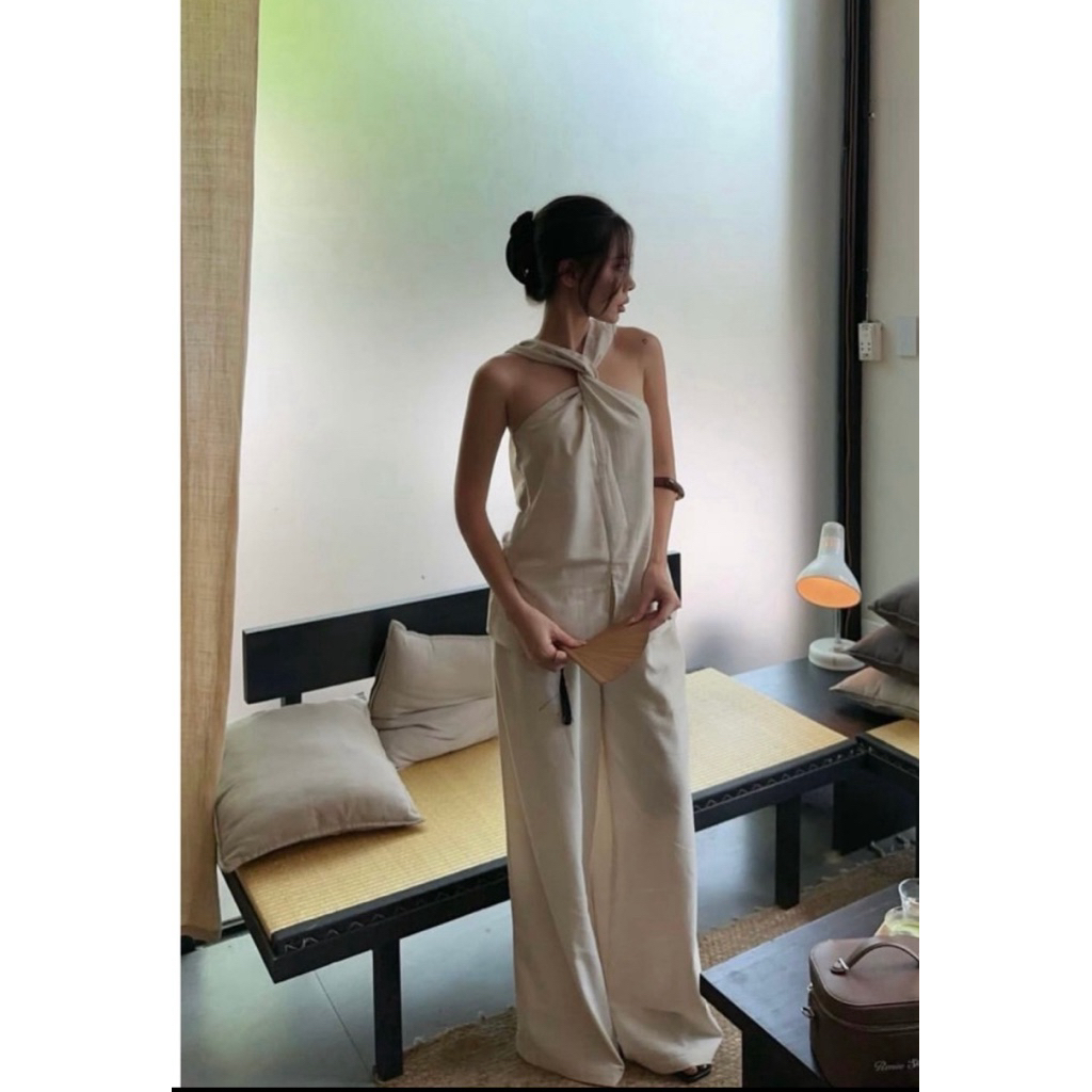 Set áo xoắn ngực kèm quần dài, set bộ áo cộc tay xoắn ngực cạp cao ống suông Hum Fashion