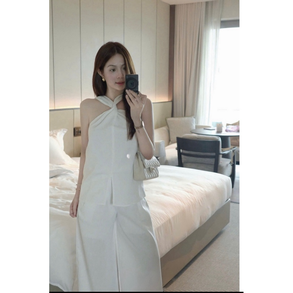 Set áo xoắn ngực kèm quần dài, set bộ áo cộc tay xoắn ngực cạp cao ống suông Hum Fashion