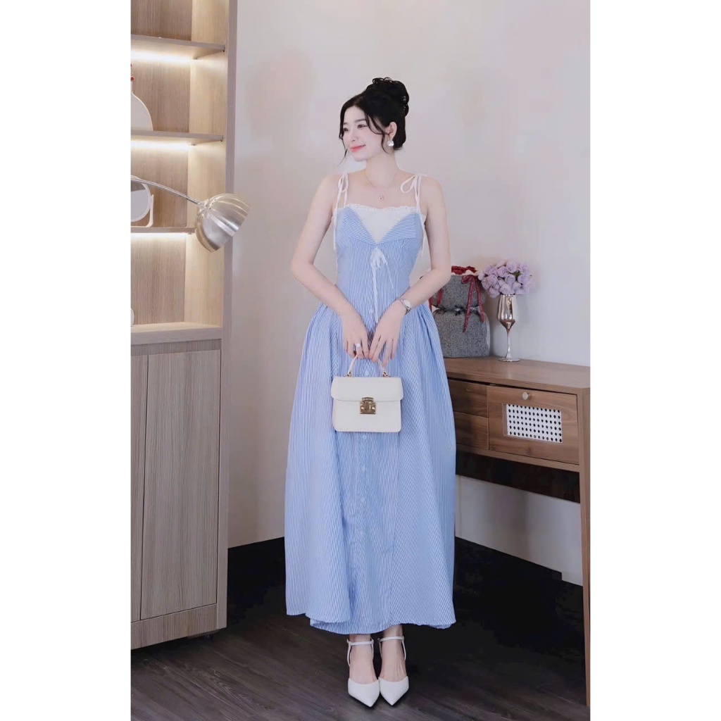 Váy nữ maxi sơ mi kẻ dọc phối ren sang chảnh, đầm nữ tiểu thư xanh kẻ sọc