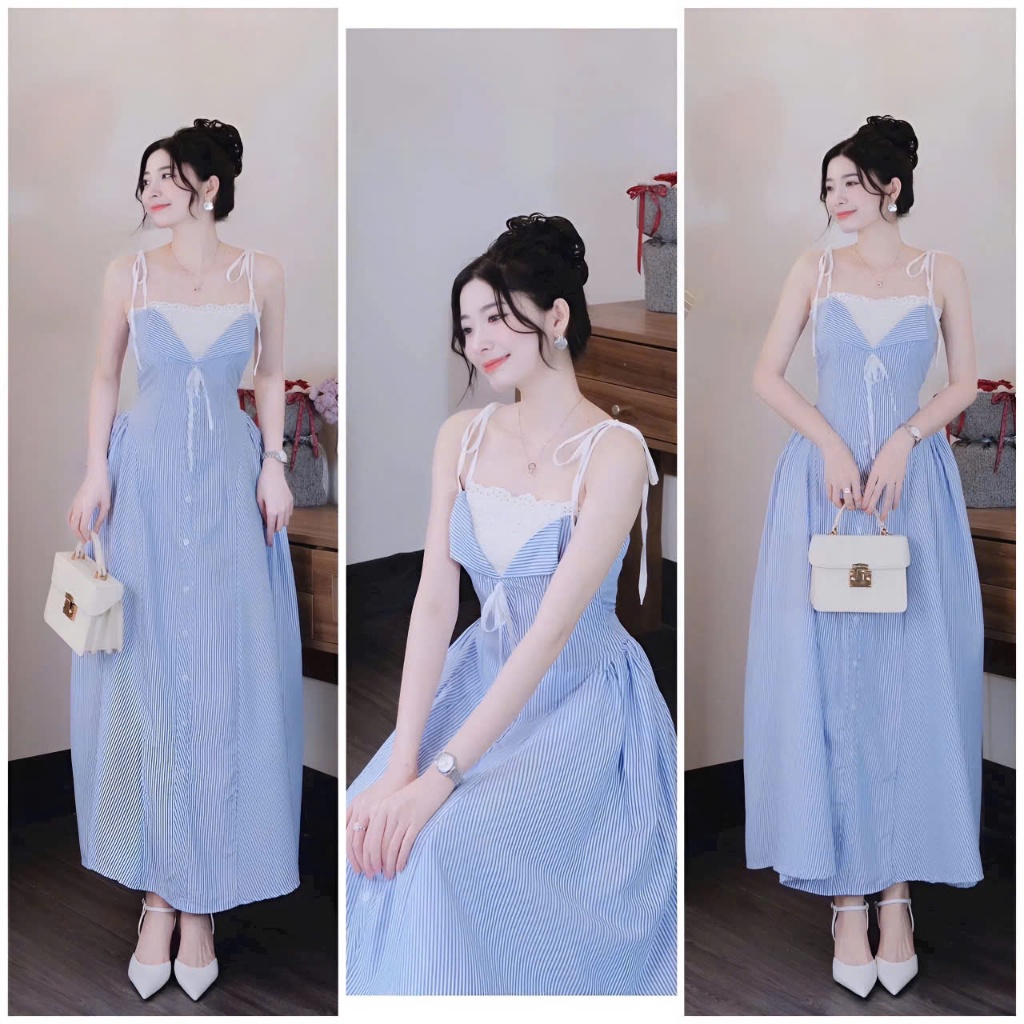 Váy nữ maxi sơ mi kẻ dọc phối ren sang chảnh, đầm nữ tiểu thư xanh kẻ sọc