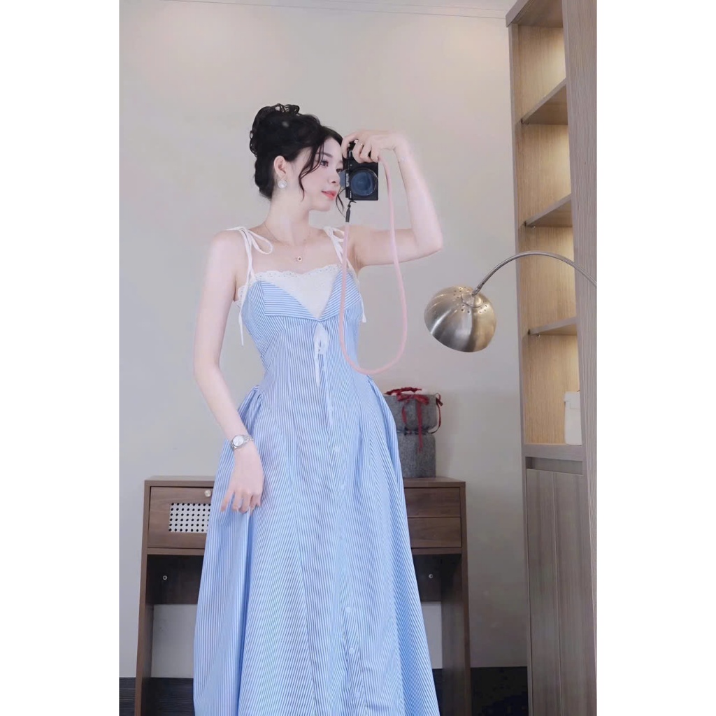 Váy nữ maxi sơ mi kẻ dọc phối ren sang chảnh, đầm nữ tiểu thư xanh kẻ sọc