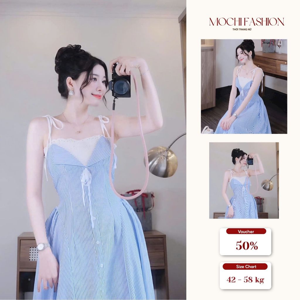 Váy nữ maxi sơ mi kẻ dọc phối ren sang chảnh, đầm nữ tiểu thư xanh kẻ sọc
