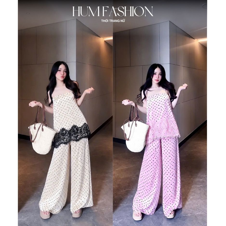 Set lụa chấm bi, set áo 2 dây lụa phối ren chấm bi kèm quần dáng dài HUM FASHION