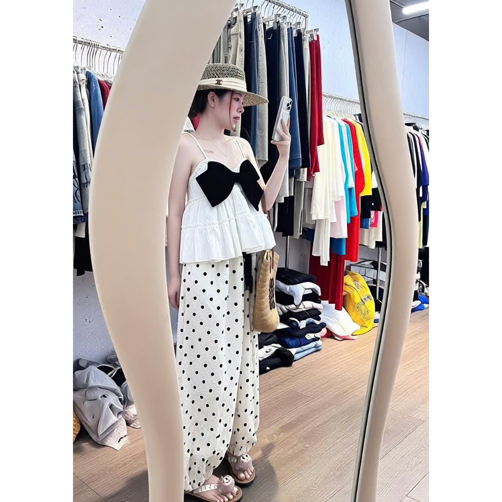Set 2 dây dáng xoè phối nơ kèm quần dáng xuông chấm bi HUM FASHION