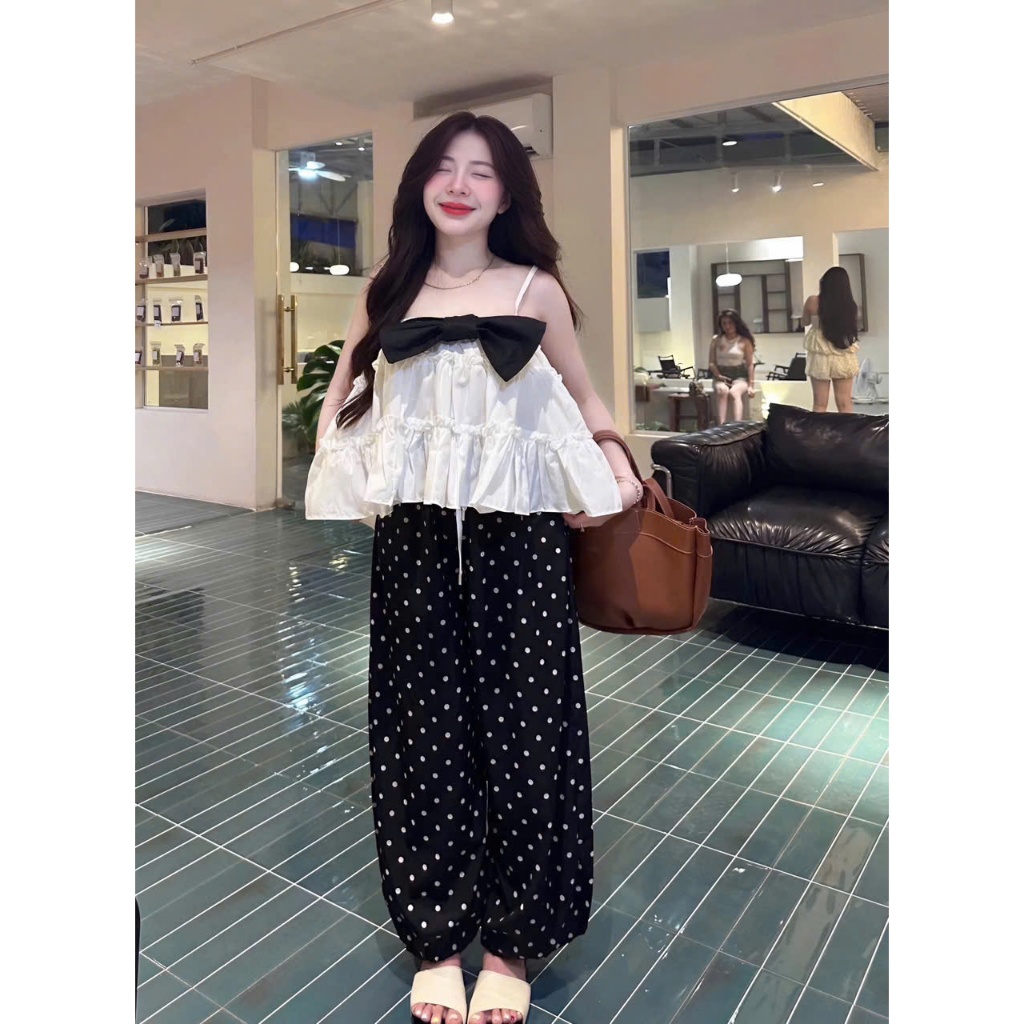 Set 2 dây dáng xoè phối nơ kèm quần dáng xuông chấm bi HUM FASHION