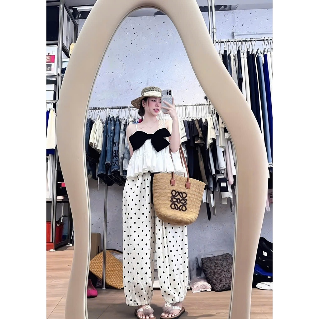 Set 2 dây dáng xoè phối nơ kèm quần dáng xuông chấm bi HUM FASHION