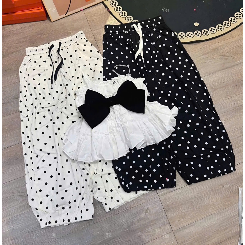 Set 2 dây dáng xoè phối nơ kèm quần dáng xuông chấm bi HUM FASHION