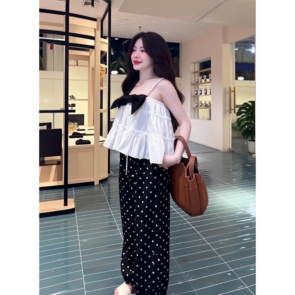 Set 2 dây dáng xoè phối nơ kèm quần dáng xuông chấm bi HUM FASHION