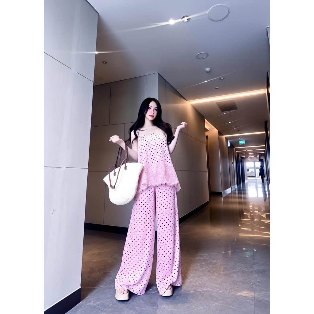 Set lụa chấm bi, set áo 2 dây lụa phối ren chấm bi kèm quần dáng dài HUM FASHION