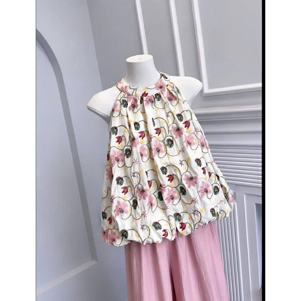 Set áo hoạ tiết hoa bèo phối quần sang chảnh, set bộ nữ tiểu thư xinh xắn