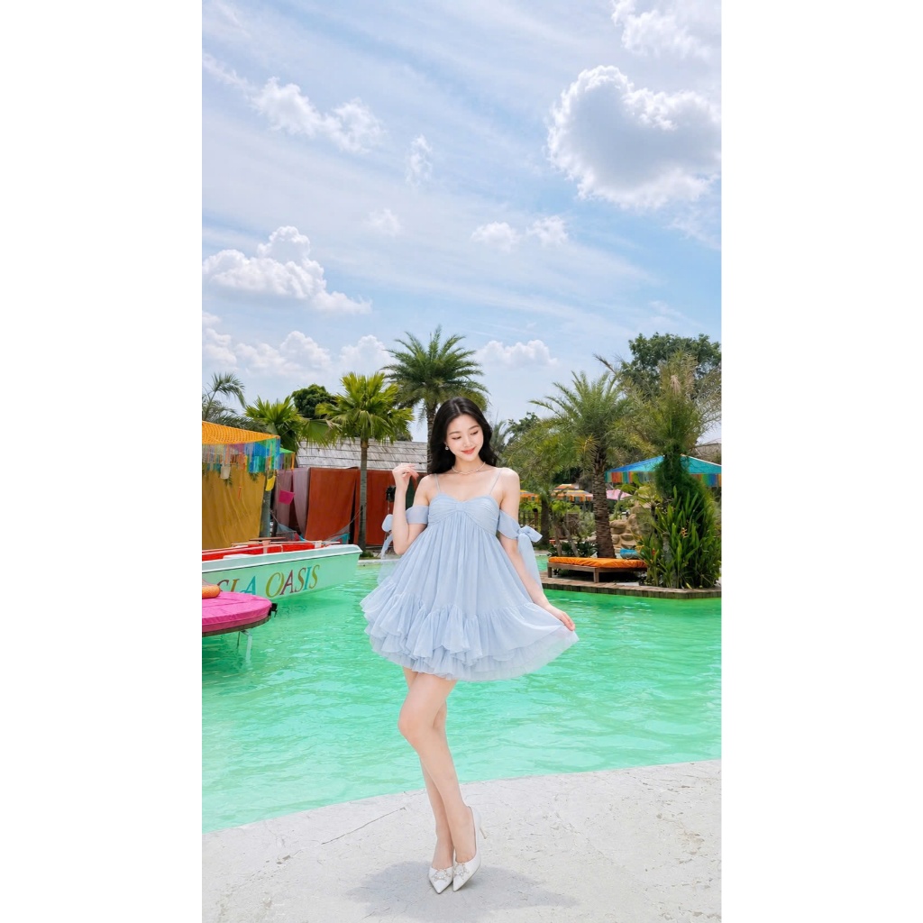Đầm voan tơ 2 dây có mút ngực tay cột nơ trễ vai, đầm babydoll nữ xoè xinh xắn có quần bảo hộ