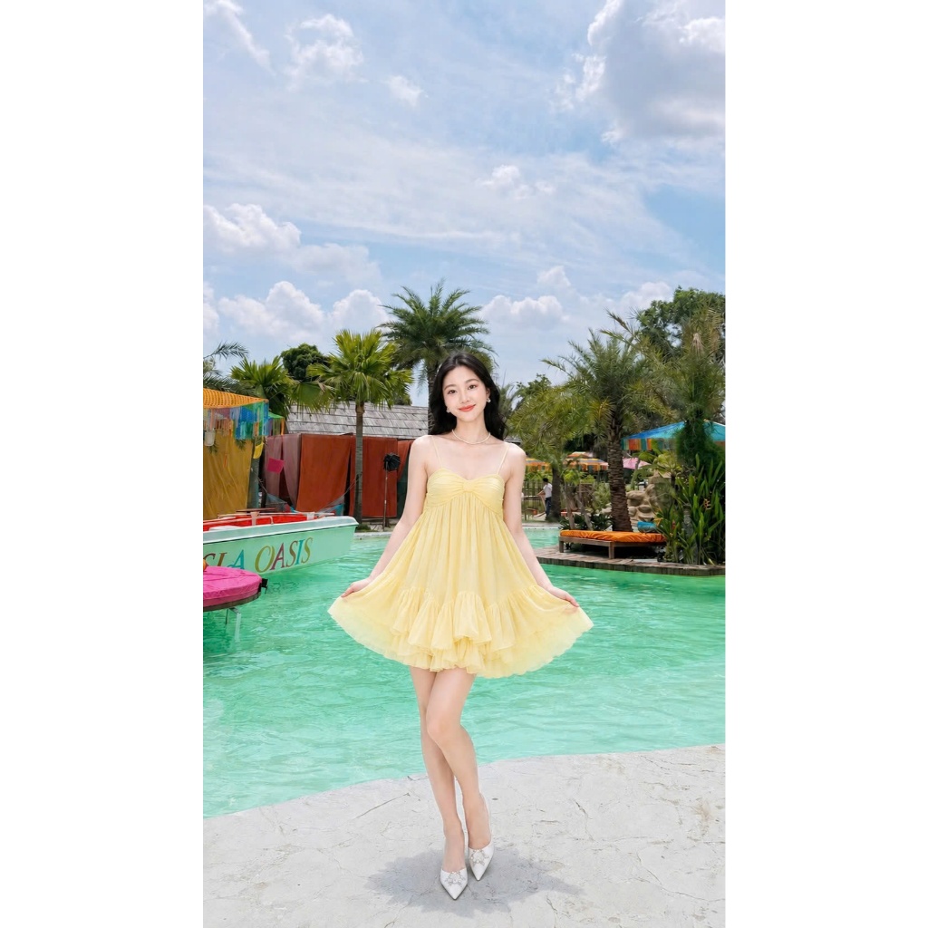 Đầm voan tơ 2 dây có mút ngực tay cột nơ trễ vai, đầm babydoll nữ xoè xinh xắn có quần bảo hộ