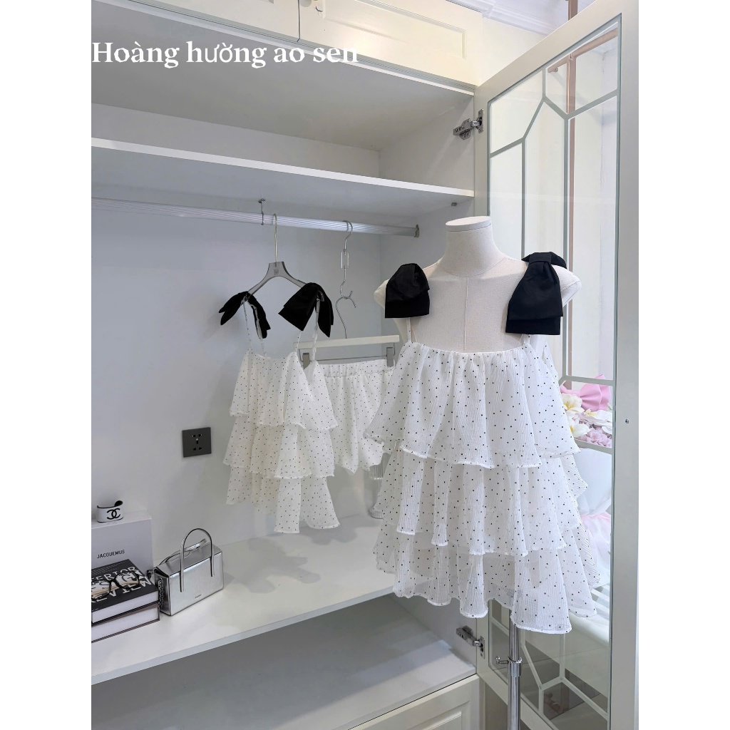 Đầm chấm bi tầng phối nơ vai tiểu thư, Váy nữ chấm bi đi chơi đi tiệc đi biển xinh xắn