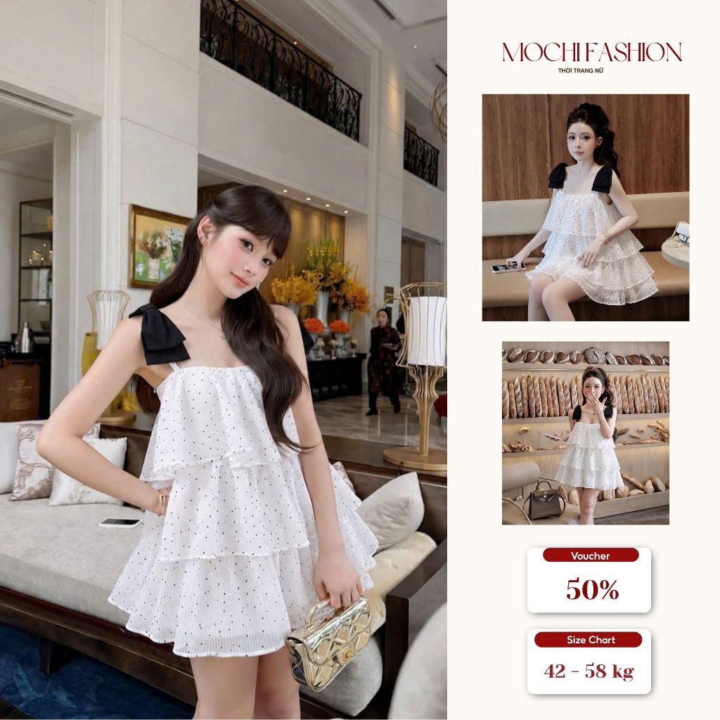 Đầm chấm bi tầng phối nơ vai tiểu thư, Váy nữ chấm bi đi chơi đi tiệc đi biển xinh xắn