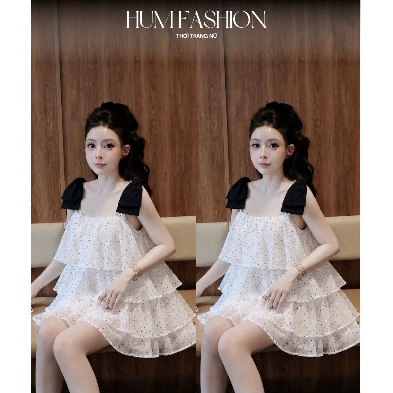 Set áo 2 dây chấm bi đính nơ vai kèm quần, set hai dây phố tầng dáng xoè chấm bi dễ thương Hum Fashion
