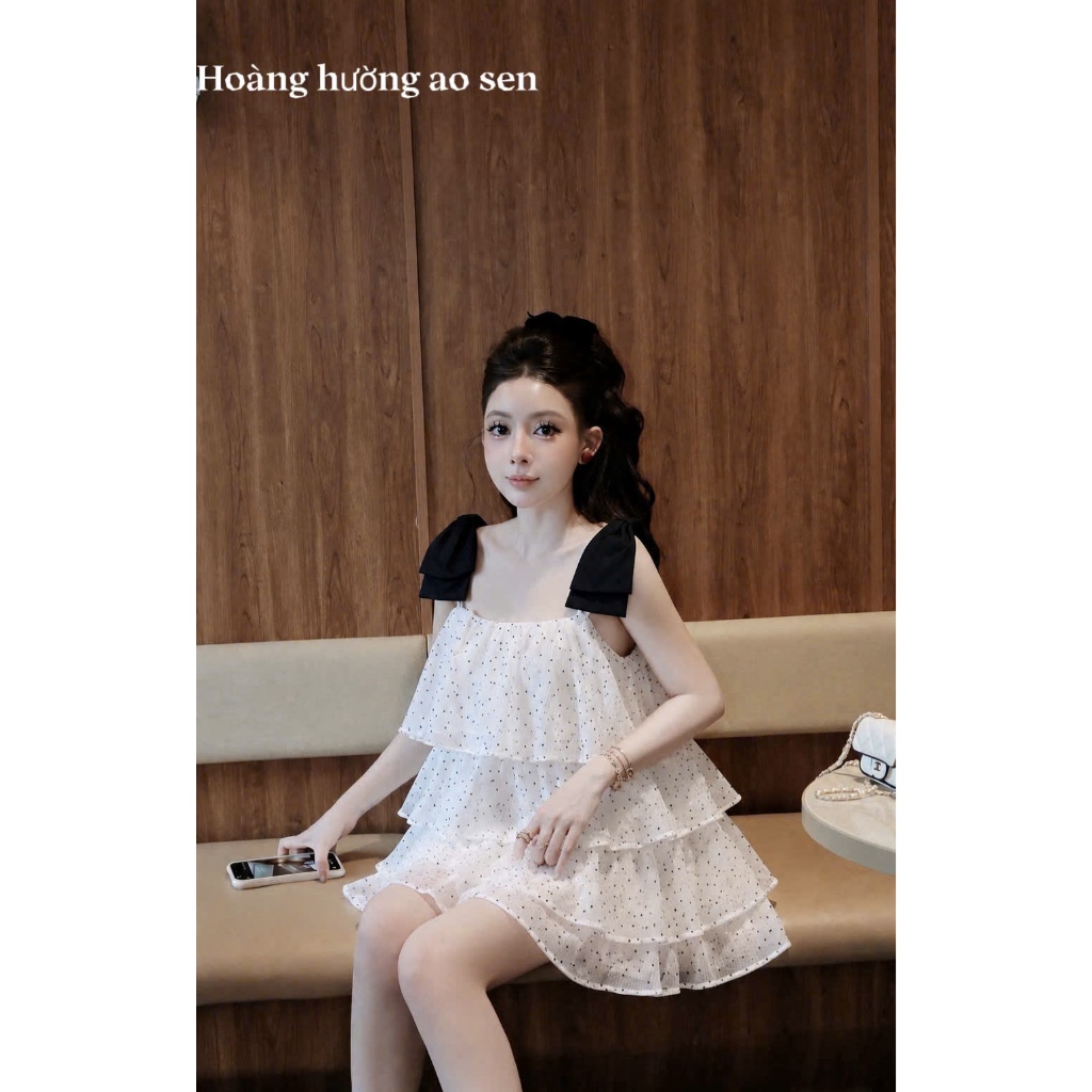 Set áo 2 dây chấm bi đính nơ vai kèm quần, set hai dây phố tầng dáng xoè chấm bi dễ thương Hum Fashion