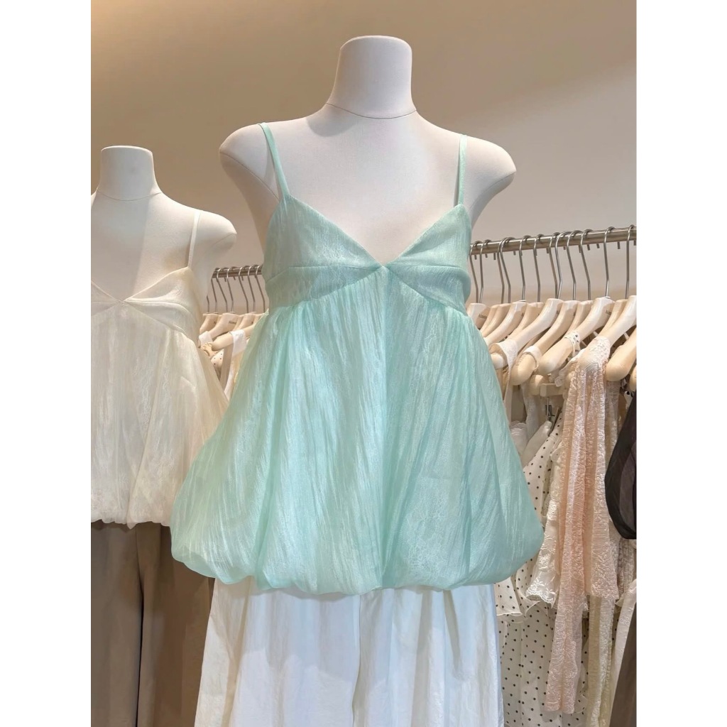 Áo 2 dây cổ tim dáng bí xinh, áo kiểu hai dây xanh ngọc bồng bềnh hottrend tiểu thư Hum Fashion