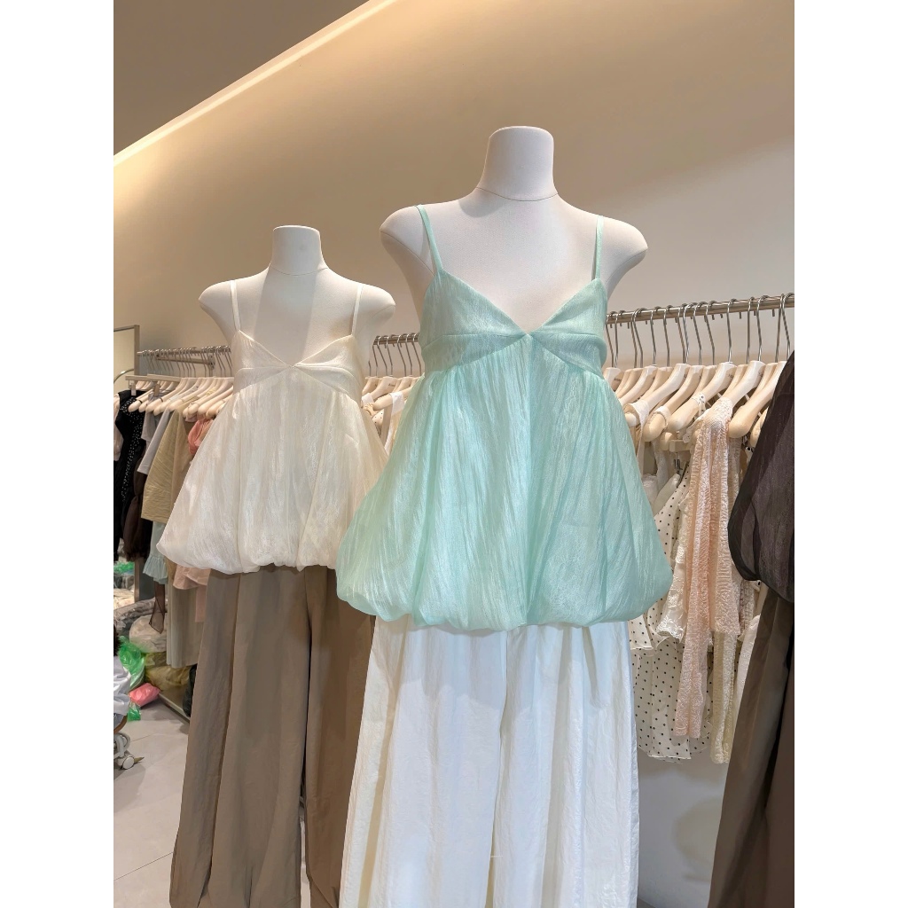 Áo 2 dây cổ tim dáng bí xinh, áo kiểu hai dây xanh ngọc bồng bềnh hottrend tiểu thư Hum Fashion