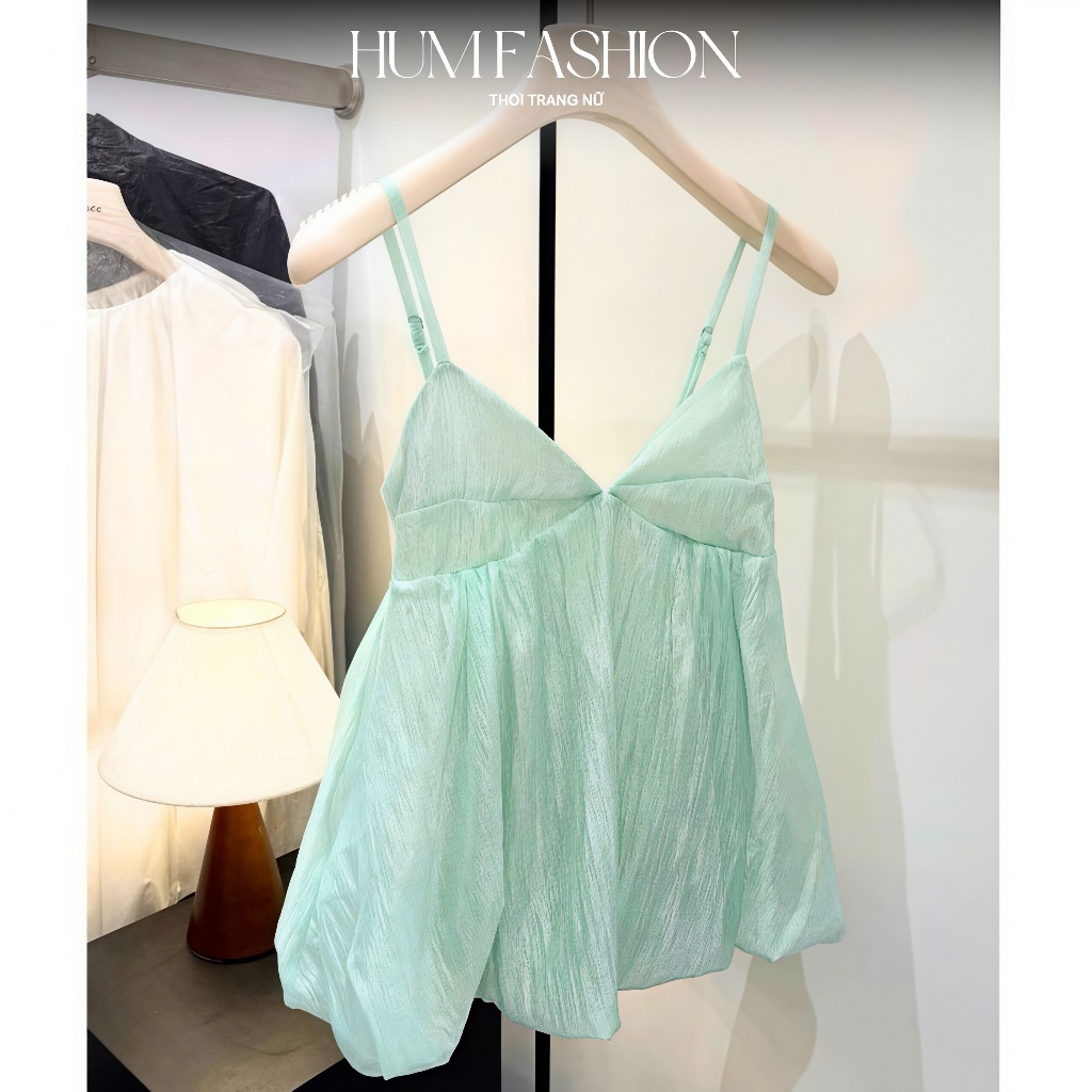 Áo 2 dây cổ tim dáng bí xinh, áo kiểu hai dây xanh ngọc bồng bềnh hottrend tiểu thư Hum Fashion