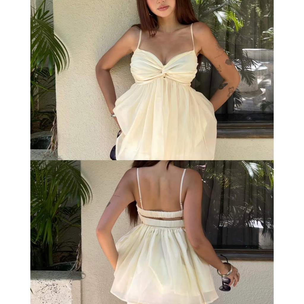 Áo 2 dây nữ xoắn ngực dáng xoè babydoll, áo kiểu hai dây  nhẹ phong cách đi biển Hum Fashion