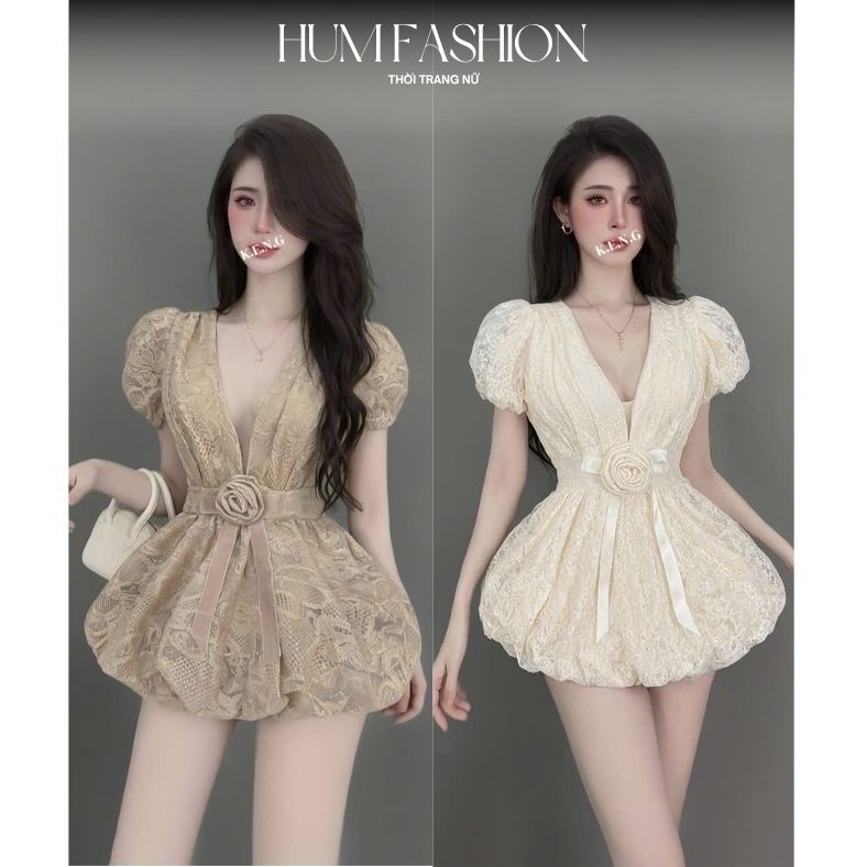 Đầm hoa cổ V thắt hoa eo dáng bồng hottrend, váy cổ V sâu phối ren hoa nổi đính bông eo sang chảnh Hum Fashion